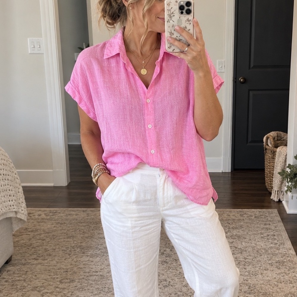 Massimo Dutti Pink 100% Linen Button Down Shirt L Coastal Preppy